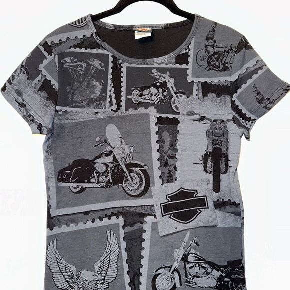 Harley Davidson Smokey Mountains Womens Grey Motorcycle Pattern Tee Size Medium - Picture 3 of 11